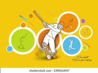 Patrón colorido abstracto con los antecedentes del campeonato de cricket de bateador y jugador de bolos. Utilícelo para portada, afiche, plantilla, folleto, decorado, volante, banner.