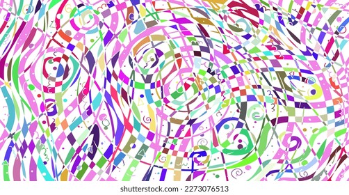 Abstract colorful pattern of curved lines, circles and spirals. Composition in the form of an arbitrary multi-colored doodle pattern on a white background. Vector illustration, EPS 10.