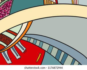 Abstract colorful pattern with doodles. Cheerful vector background, poster, postcard. Illustration with abstract composition for children postcard. Psychedelic doodle graphic with lines, circles.