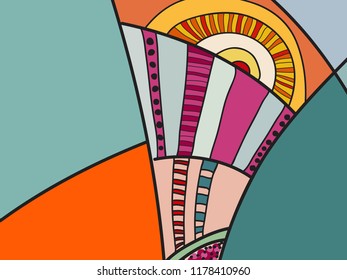 Abstract colorful pattern with doodles. Cheerful vector background, poster, postcard. Illustration with abstract composition for children postcard. Psychedelic doodle graphic with lines, circles.