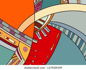 Abstract colorful pattern with doodles. Cheerful vector background, poster, postcard. Illustration with abstract composition for children postcard. Psychedelic doodle graphic with lines, circles.