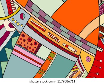 Abstract colorful pattern with doodles. Cheerful vector background, poster, postcard. Illustration with abstract composition for children postcard. Psychedelic doodle graphic with lines, circles.