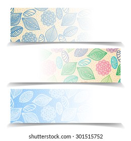 Abstract colorful pattern of flowers, leaves and stones vector banner set.