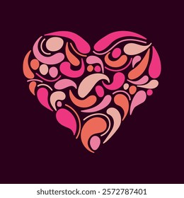 Abstract colorful pattern in a heart or love silhouette illustration. Organic shapes vector design. Colors: bean red, pink, and eggshell.