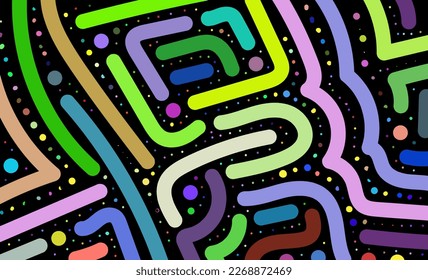 Abstract colorful pattern of lines and dots. Composition in the form of arbitrary multi-colored doodles on a black background. Vector illustration, EPS 10. Hippie space, astrology, horoscope, universe