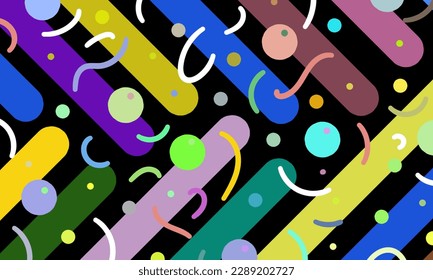 Abstract colorful pattern of lines and dots. Composition in the form of arbitrary multi-colored doodles on a black background. Vector illustration, EPS 10. Funky style.