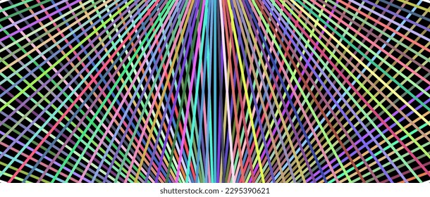 Abstract colorful pattern of lines resembling rays on a black background. Composition in the form of an arbitrary multi-colored texture. Vector illustration, EPS 8. Hippie and psychedelic.