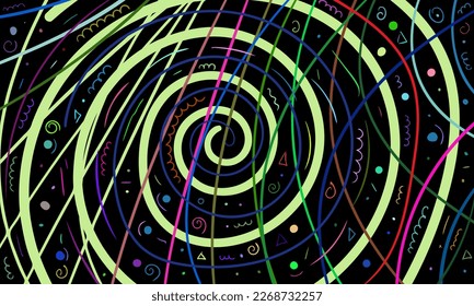 Abstract colorful pattern of lines and spirals. Composition in the form of an arbitrary multi-colored pattern on a black background. Vector illustration, EPS 10. Hippie space, astrology, horoscope.