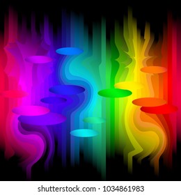 Abstract colorful pattern on a dark background. Stylish design with curved, multicolored lines and disks. Vector illustration.