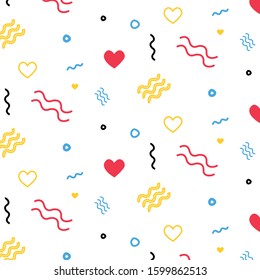 Abstract colorful  pattern on white background. Trendy memphis style. Geometric pattern with different shapes heart, line. circle.  Cover template design,abstract pattern, hipster fashion. Vector Eps8