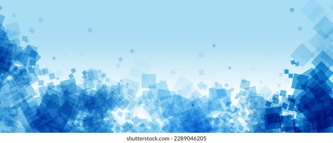 Abstraktes, farbiges Muster mit zufälligen, skalierten und platzierten blauen, durchsichtigen, quadratischen Formen - Geometrisches, breites Skandal - Vektorhintergrunddesign