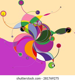Abstract colorful pattern in retro style composed of gently curved lines and circles