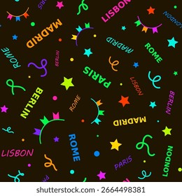 Abstract colorful pattern. Seamless print composed of red, blue, yellow, green flags, stars and words on black background. Capitals of countries of europe, rome, paris, madrid, lisbon, berlin, london