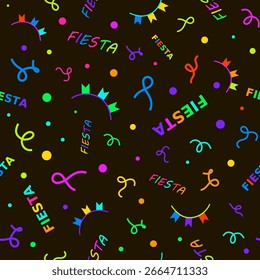Abstract colorful pattern. Seamless print composed of pink, blue, yellow, green flags, stars and words fiesta on black background. Print with words in spanish