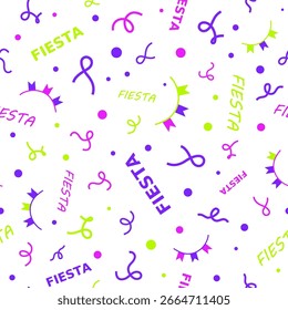 Abstract colorful pattern. Seamless print composed of pink, purple, green flags, stars and words fiesta on black background. Print with words in spanish
