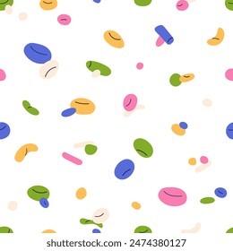 Abstract colorful pattern. Seamless texture, multicolored spots. Funky multi-colored design for wrapping, fabric, wallpaper. Decorative repeating print, endless background. Flat vector illustration