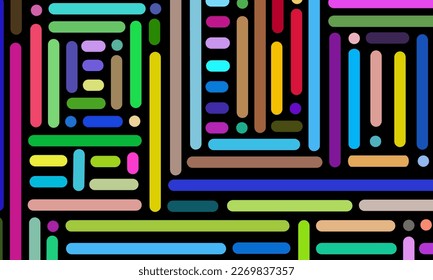 Abstract colorful pattern of straight lines and dots. Composition in the form of arbitrary multi-colored stripes on a black background. Vector illustration, EPS 10. Hippie space, astrology, horoscope.