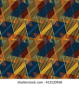 Abstract colorful pattern with stripes and geometric shapes. Seamless geometric modern print in bright blue red colors. Modern textile design with dynamic tech lines for summer fall fashion. Vector