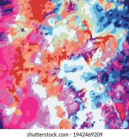 Abstract colorful pattern in the style of tai dai for use in textiles and as a background.