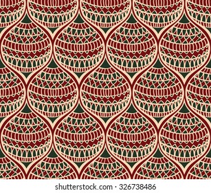 Abstract colorful pattern from stylized paper lanterns. Vector ornament of curved lines on a red background. Embroidery  with ornate elements. Christmas seamless pattern.