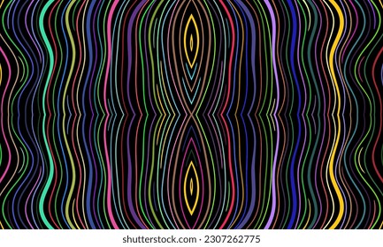 Abstract colorful pattern of vertical wavy lines on a black background. Composition in the form of an arbitrary multicolored doodle. Vector illustration, EPS 8. Minimalistic style. Copy space.