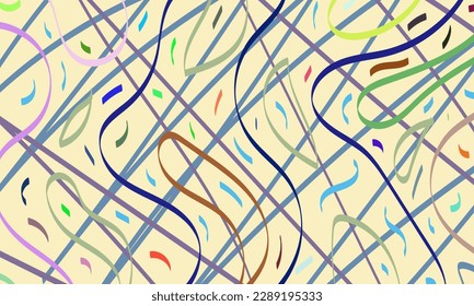 Abstract colorful pattern of wavy lines on a yellow background. Composition in the form of an arbitrary multicolored doodle. Vector illustration, EPS 10. Hippie style. Copy space.