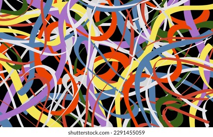 Abstract colorful pattern of wavy lines on a black background. An arbitrary multi-colored composition.Vector illustration, EPS 10. Hippie and psychedelic. Copy space. Funky style.