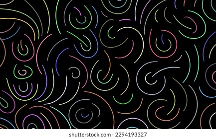 Abstract colorful pattern of wavy lines and semicircles. Composition in the form of an arbitrary multi-colored pattern on a black background. Vector illustration, EPS 10. Doodle space.