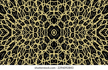 Abstract colorful pattern of wavy lines. Composition in the form of an arbitrary yellow seamless pattern on a black background. Vector illustration, EPS 8. Doodle space.