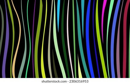 Abstract colorful pattern of wavy lines on a black background. Composition in the form of an arbitrary multicolored doodle. Vector illustration, EPS 8. Minimalistic style. Copy space.