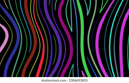 Abstract colorful pattern of wavy lines on a black background. Composition in the form of an arbitrary multicolored doodle. Vector illustration, EPS 10. Minimalistic style. Copy space.