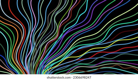 Abstract colorful pattern of wavy lines on a black background. Composition in the form of an arbitrary multicolored doodle. Vector illustration, EPS 10. Minimalistic style. Copy space.