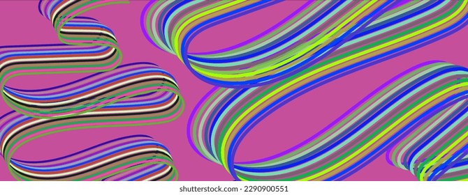 Un patrón colorido abstracto de líneas onduladas multicolores sobre un fondo rosa. Composición en forma de franjas arbitrarias. Ilustración del vector, EPS 10. Hippie. Copiar espacio.