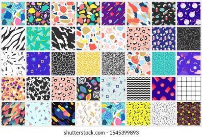 Abstract colorful patterns. Memphis, doodle, geometric seamless patterns. 