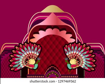 Abstract colorful peacock  pattern. Vector for design invitation, card, wallpaper or fabric.Dubai gold souk.South Indian bridal jewellery.