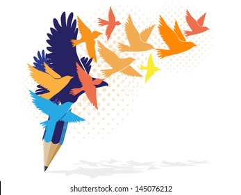 Abstract colorful pencil with birds image