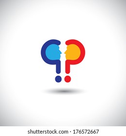 abstract colorful people icons as questions - concept vector. This graphic icon also represents people with opposite ideas, debates, discussions, inquiries, investigations, etc