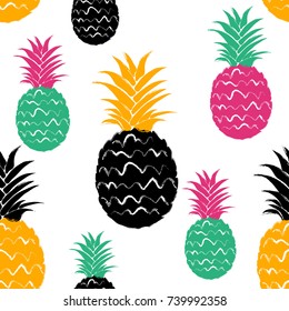 Abstract colorful pineapple seamless pattern. Hand drawn brush grunge exotic fruit background.