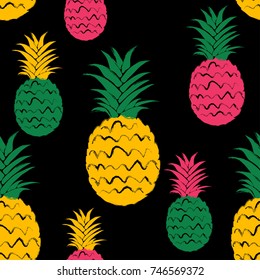 Abstract colorful pineapple seamless pattern. Hand drawn brush grunge exotic fruit background.