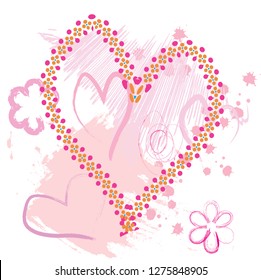 abstract colorful pink paintbrush with hearts and flower shapes background. creative colorful pink nice brush strokes and hearts shapes for your design. vector illustration