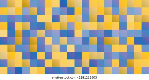 Abstract Colorful Pixelated Surface Pattern with Random Colored Blue and Yellow Squares - Wide Scale Geometric Mosaic Texture - Generative Art, Vector Background Design
