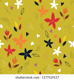 Abstract colorful plant seamless pattern over green background. Trendy creative vector
