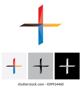 Abstract colorful plus vector logo icon or symbol. The graphic illustration represents a positivity sign with vivid and vibrant red, blue, orange colors