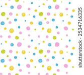 Abstract colorful polka dot seamless pattern. Random colored dots on white background. Chalk Crayon Pencil hand drawn Spotted background. Child Doodle drawings for design. Vector illustration