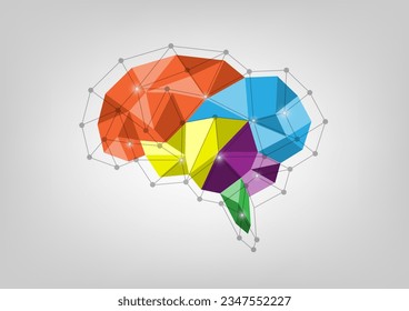 Abstract colorful polygonal human brain on gray background. Vector illustration