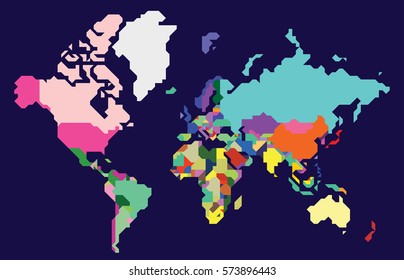 Abstract Colorful Polygonal World Map, Countries,  Isolated On Deep Blue Background. Vector Illustration.