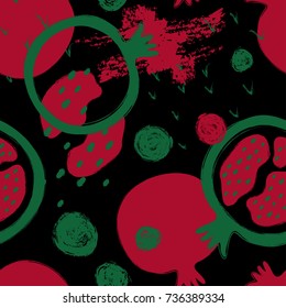 Abstract colorful pomegranate seamless pattern. Hand drawn brush grunge garnet fruit background.