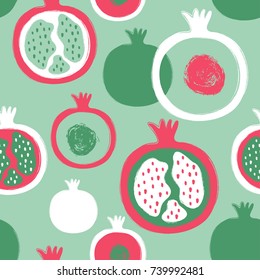 Abstract colorful pomegranate seamless pattern. Hand drawn brush grunge garnet fruit background.
