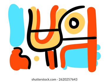 Abstract colorful pop art design with bold black lines, geometric shapes, and vibrant orange, yellow, and blue accents. 