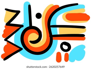 Abstract colorful pop art design with bold black lines, geometric shapes, and vibrant orange, yellow, and blue accents. 